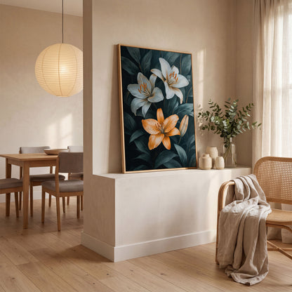 White and Orange Lilies on Teal Canvas in white oak floating frame