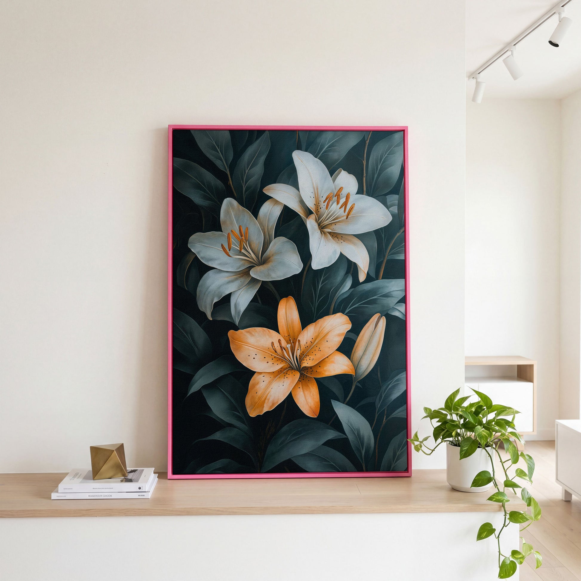 White and Orange Lilies on Teal Canvas in pink floating frame