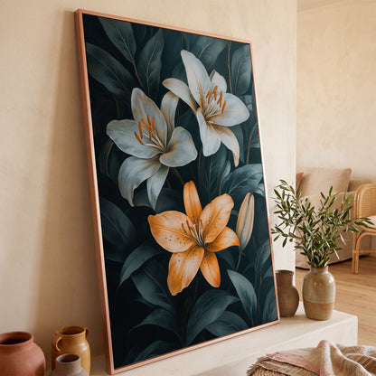 White and Orange Lilies on Teal Canvas in rose gold floating frame