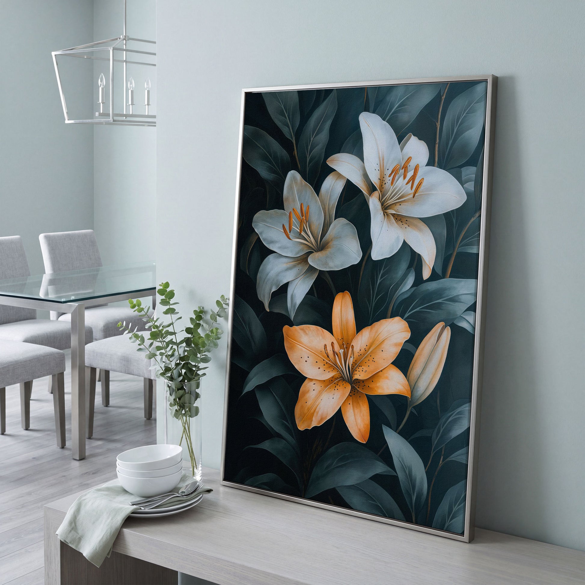 White and Orange Lilies on Teal Canvas in silver floating frame