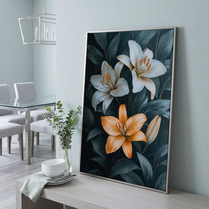 White and Orange Lilies on Teal Canvas in silver floating frame