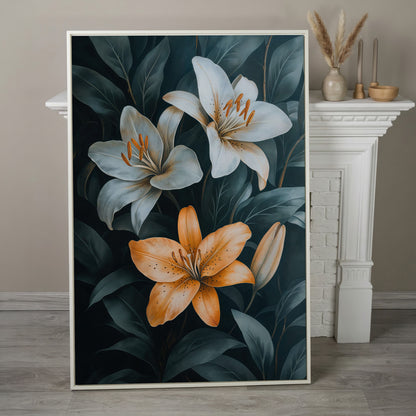 White and Orange Lilies on Teal Canvas in white floating frame