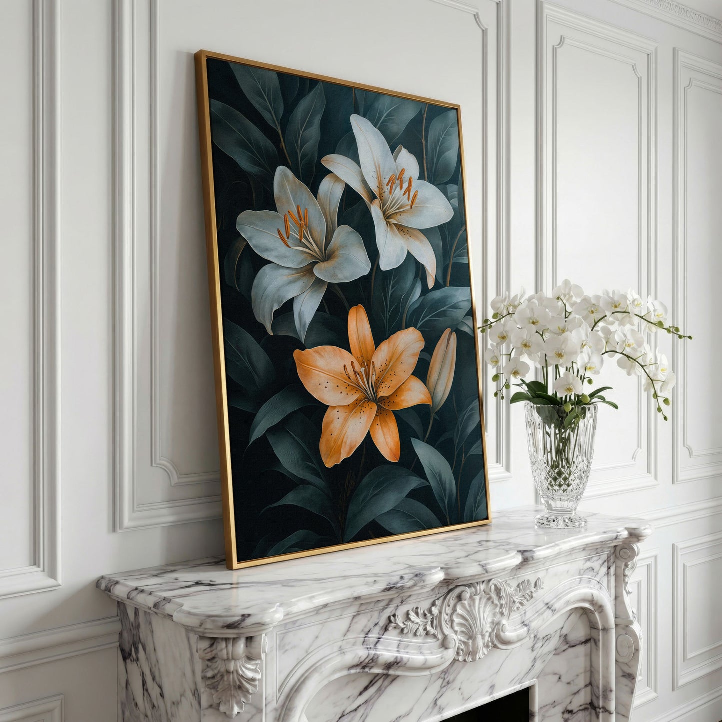 White and Orange Lilies on Teal Canvas in yellow gold floating frame