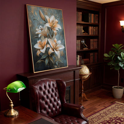 Elegant Lily Floral Canvas Print in Ivory and Dusty Blue in antique gold floating frame