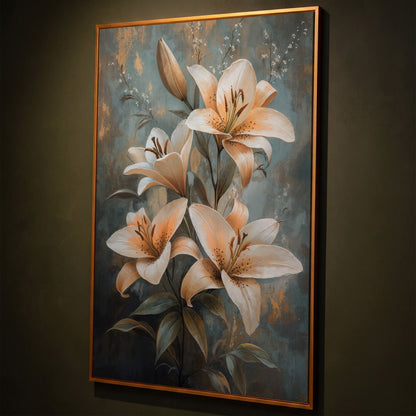 Elegant Lily Floral Canvas Print in Ivory and Dusty Blue shown in antique gold floating frame