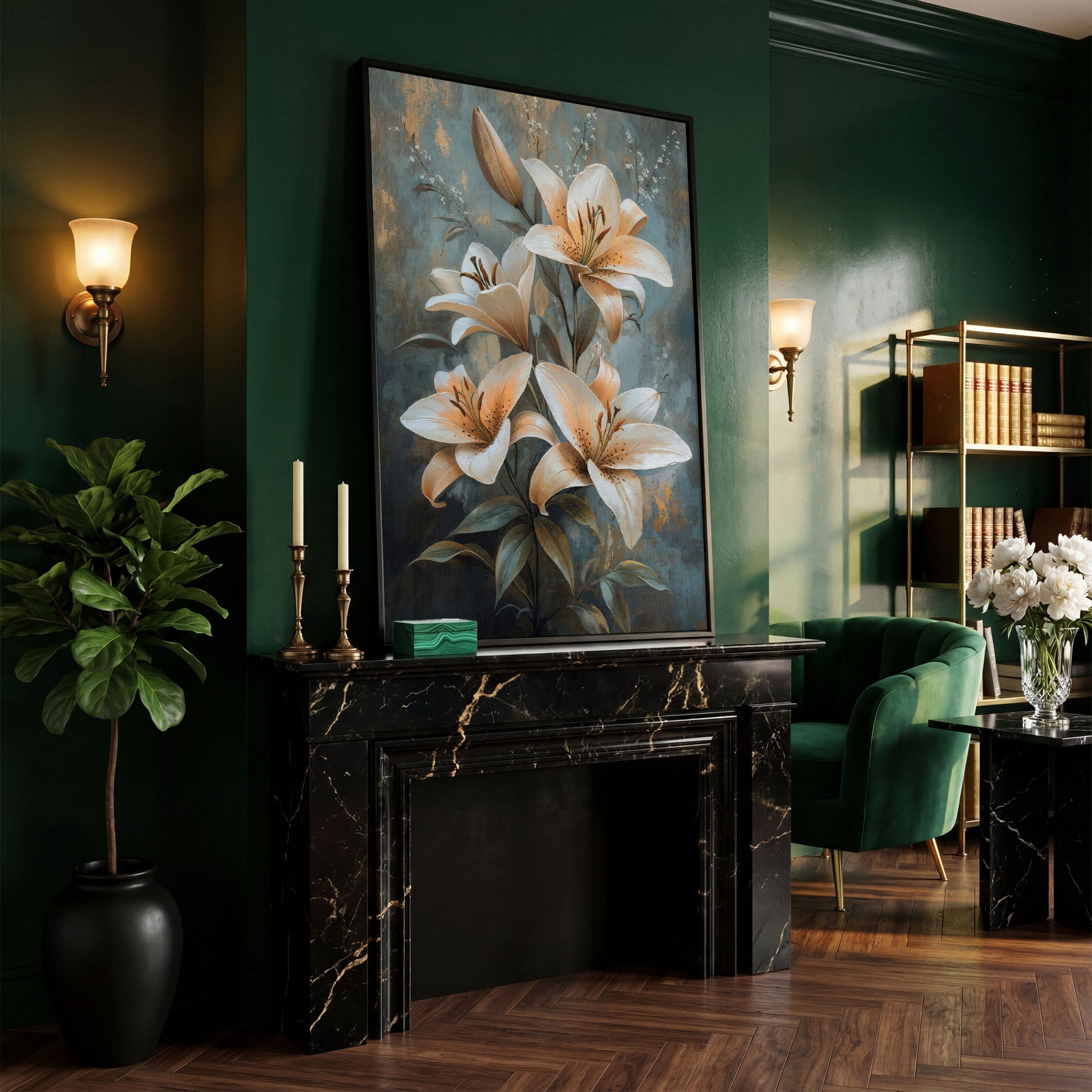 Elegant Lily Floral Canvas Print in Ivory and Dusty Blue in black floating frame