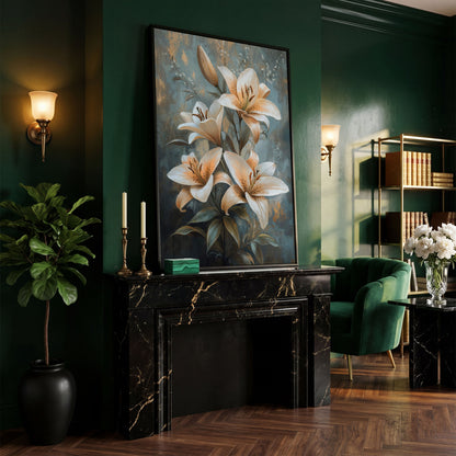 Elegant Lily Floral Canvas Print in Ivory and Dusty Blue in black floating frame