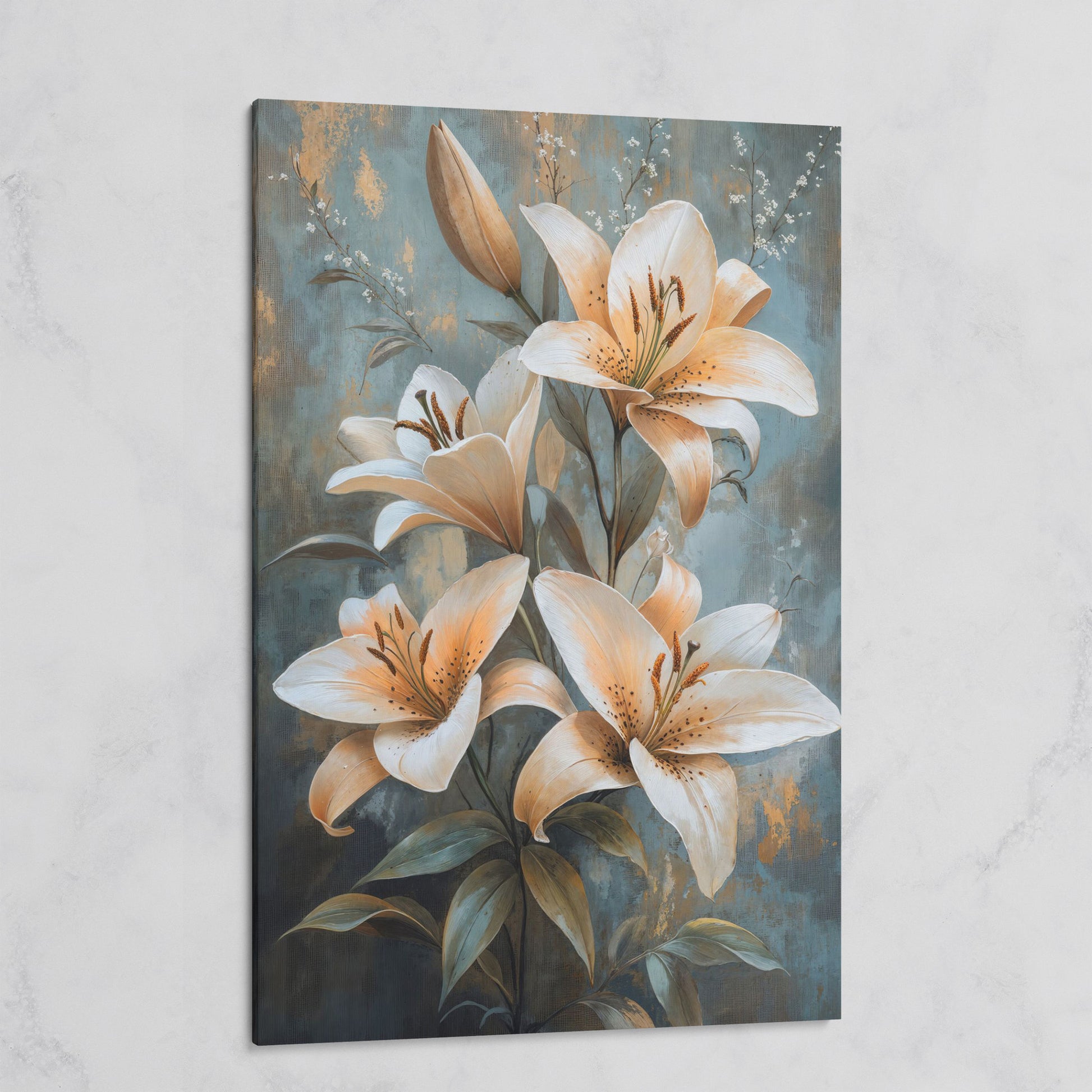 Elegant Lily Floral Canvas Print in Ivory and Dusty Blue on gallery wrap