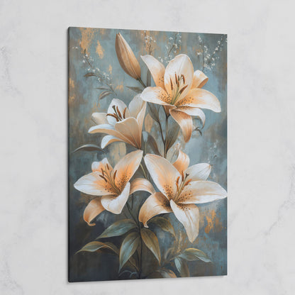 Elegant Lily Floral Canvas Print in Ivory and Dusty Blue on gallery wrap