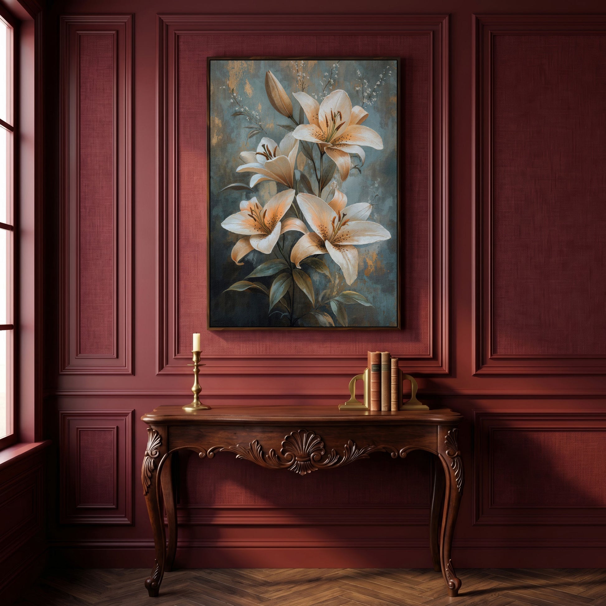 Elegant Lily Floral Canvas Print in Ivory and Dusty Blue in dark walnut floating frame