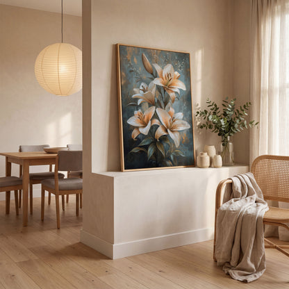Elegant Lily Floral Canvas Print in Ivory and Dusty Blue in white oak floating frame