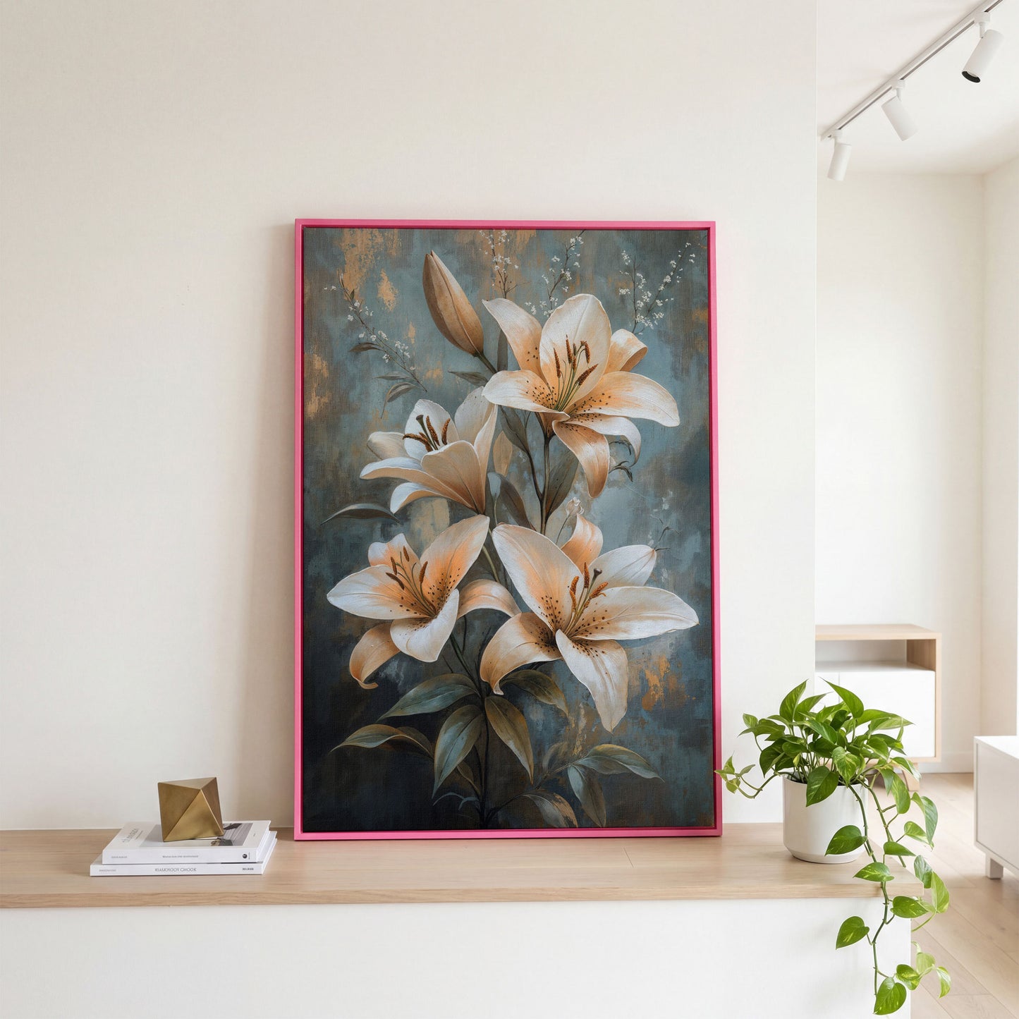 Elegant Lily Floral Canvas Print in Ivory and Dusty Blue in pink floating frame