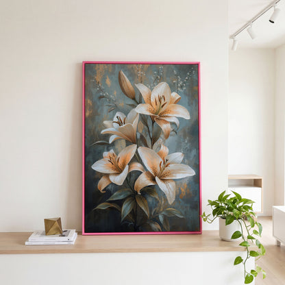 Elegant Lily Floral Canvas Print in Ivory and Dusty Blue in pink floating frame