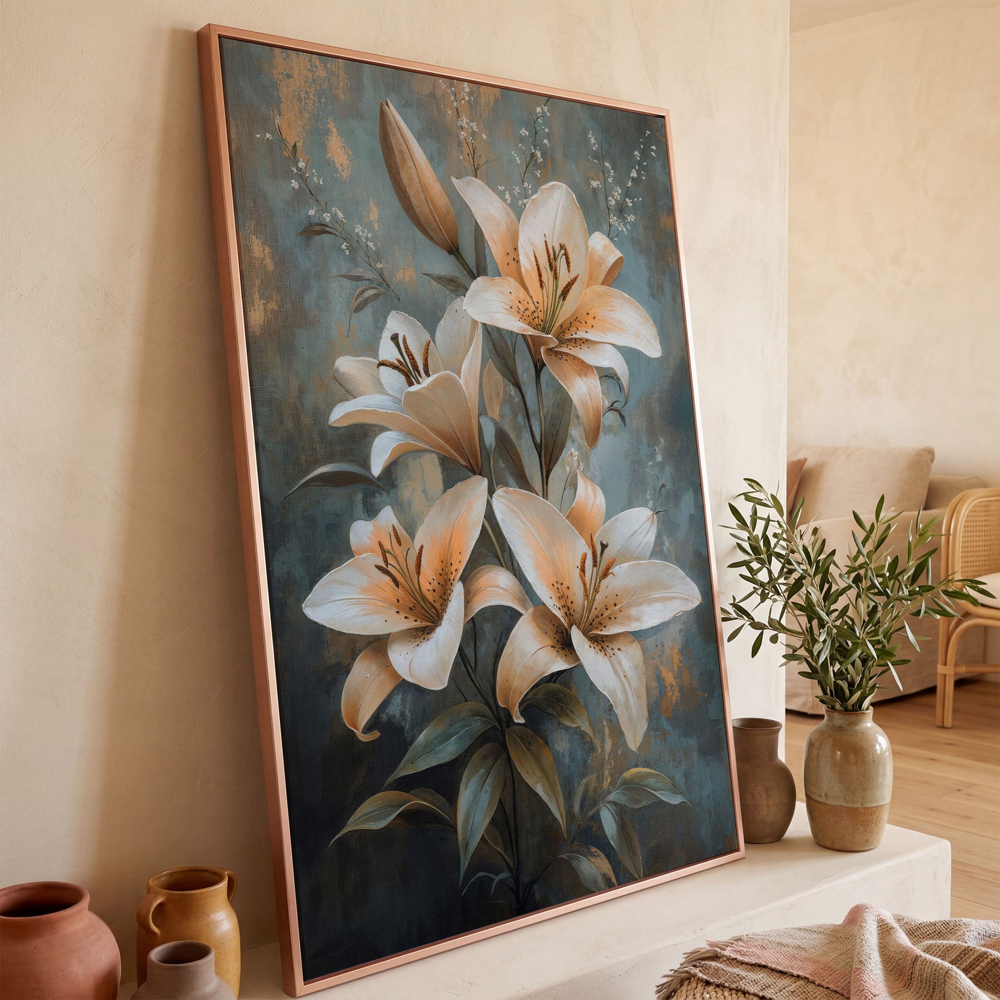 Elegant Lily Floral Canvas Print in Ivory and Dusty Blue in rose gold floating frame