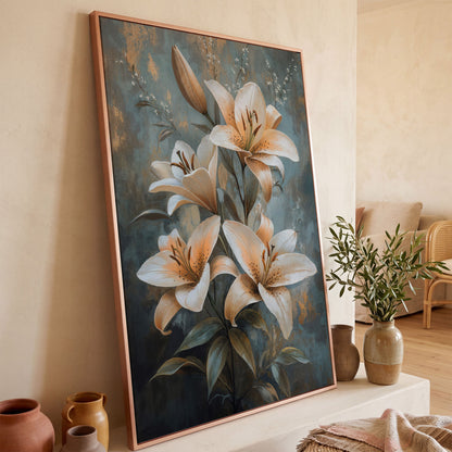 Elegant Lily Floral Canvas Print in Ivory and Dusty Blue in rose gold floating frame