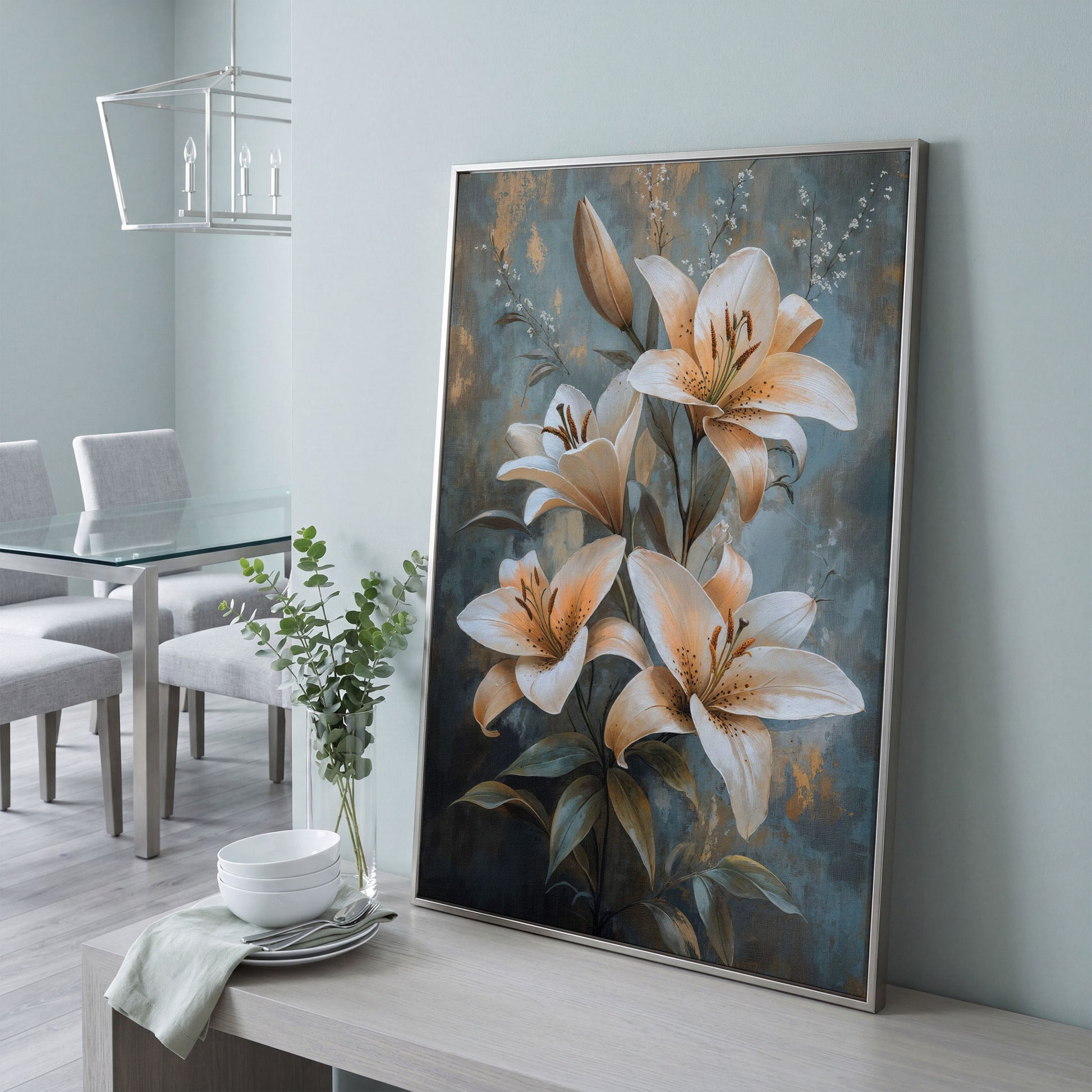 Elegant Lily Floral Canvas Print in Ivory and Dusty Blue in silver floating frame