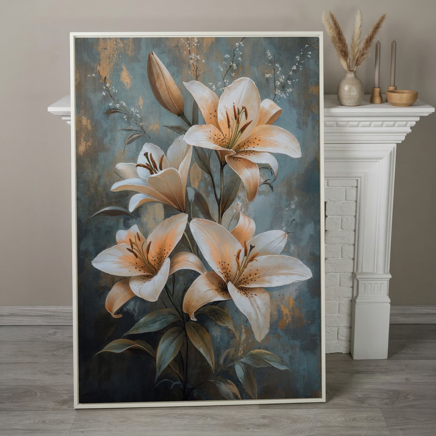 Elegant Lily Floral Canvas Print in Ivory and Dusty Blue in white floating frame