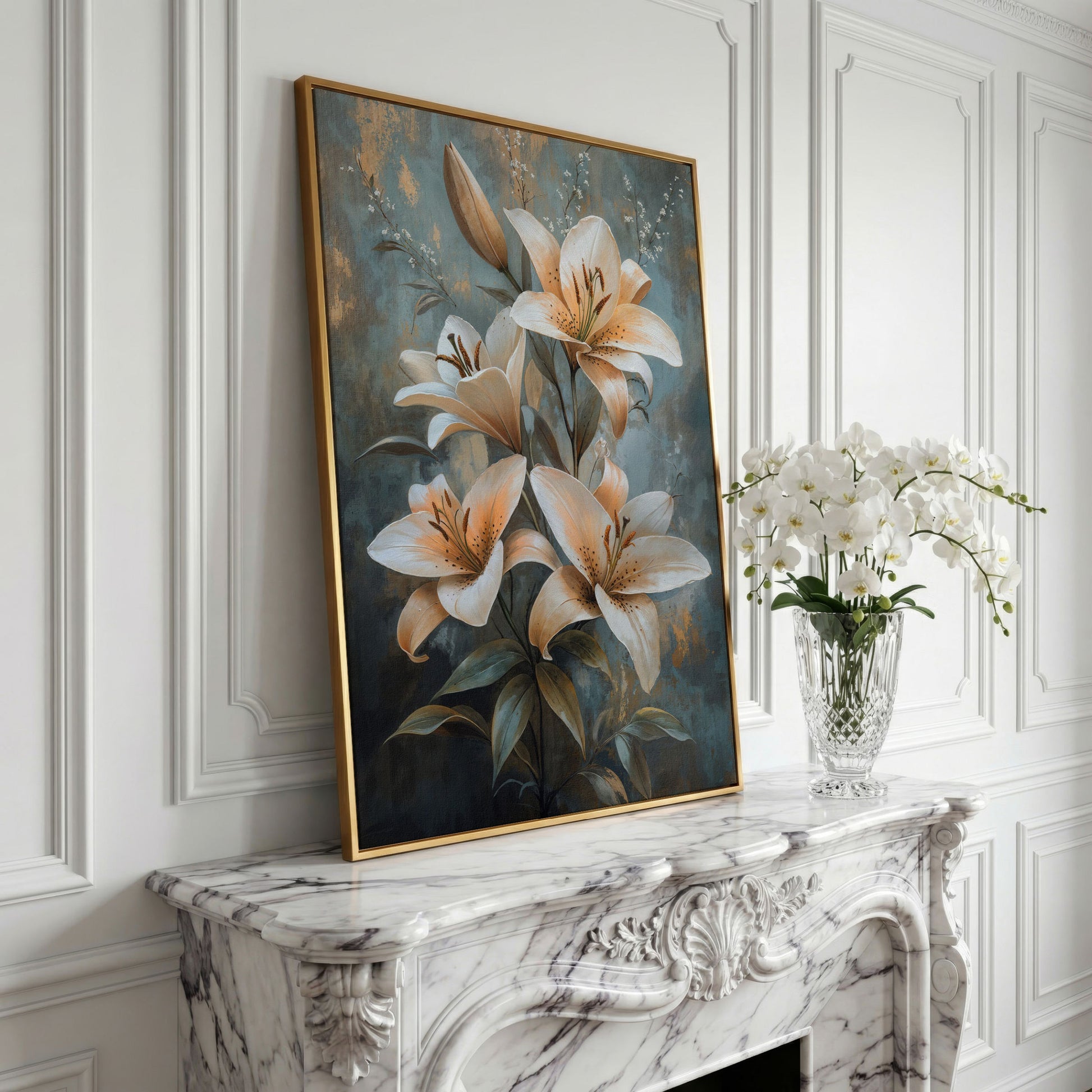 Elegant Lily Floral Canvas Print in Ivory and Dusty Blue in yellow gold floating frame