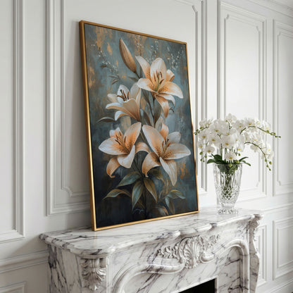 Elegant Lily Floral Canvas Print in Ivory and Dusty Blue in yellow gold floating frame