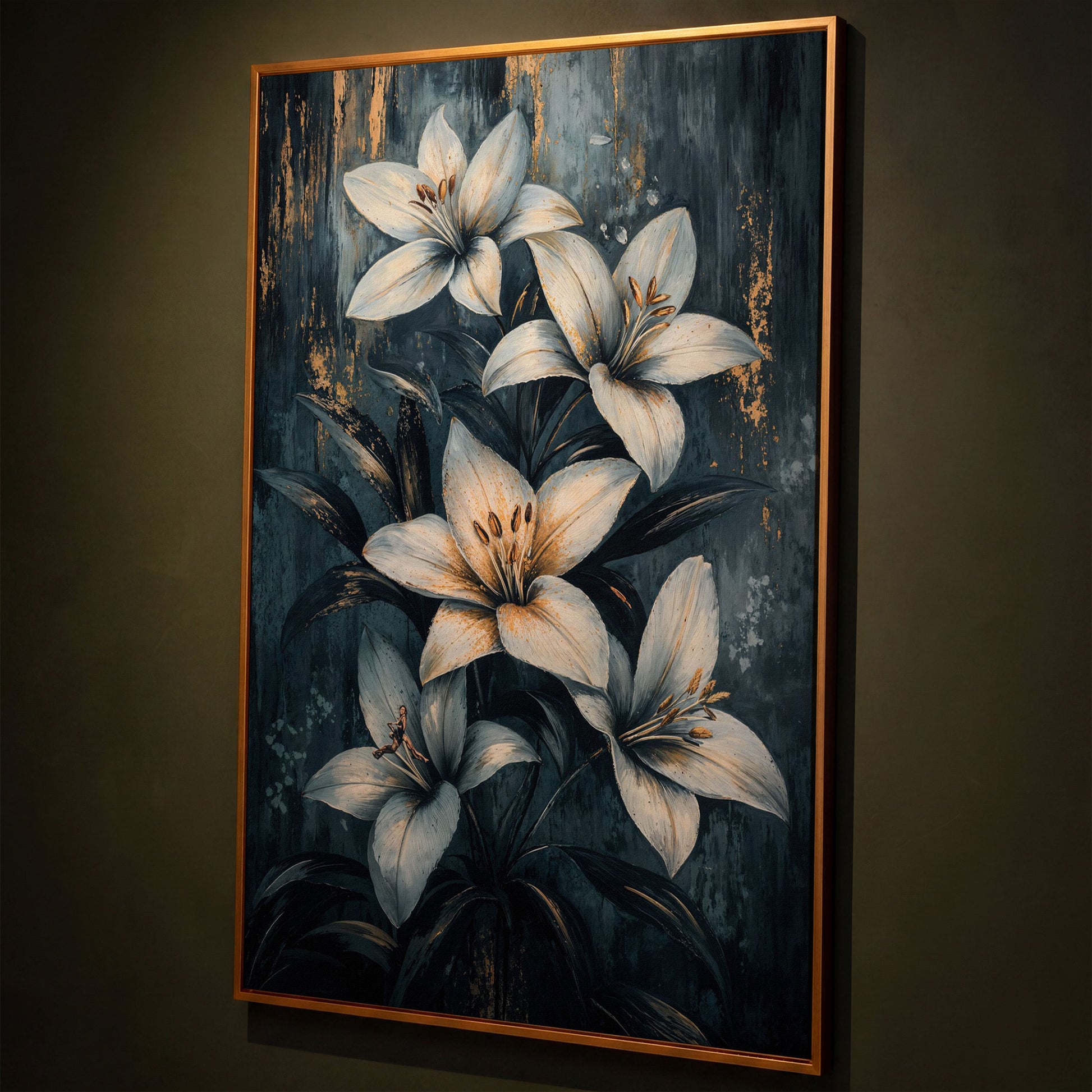 Modern Lily Canvas Art with Resting Figure shown in antique gold floating frame