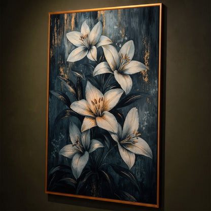 Modern Lily Canvas Art with Resting Figure shown in antique gold floating frame