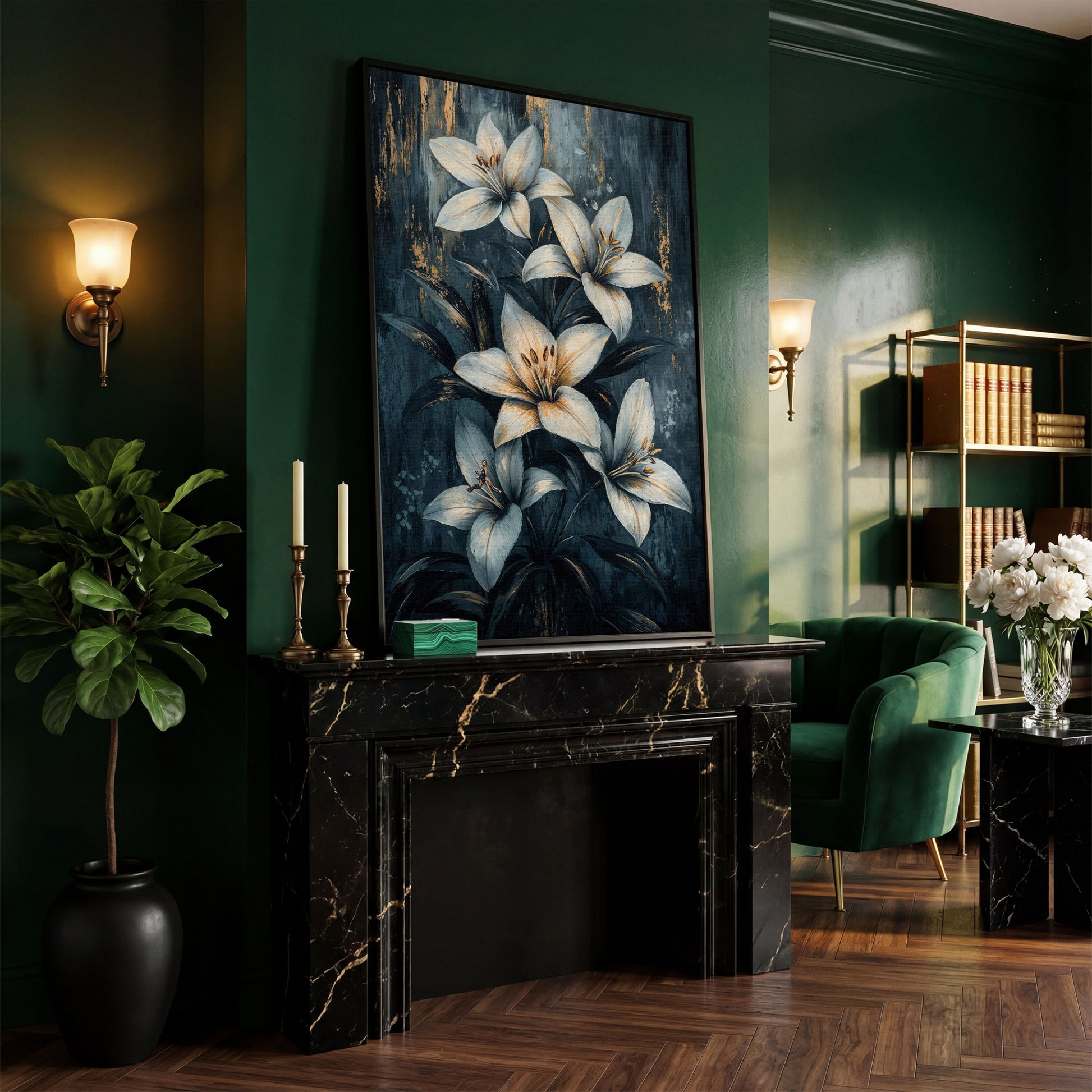 Modern Lily Canvas Art with Resting Figure in black floating frame