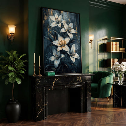 Modern Lily Canvas Art with Resting Figure in black floating frame