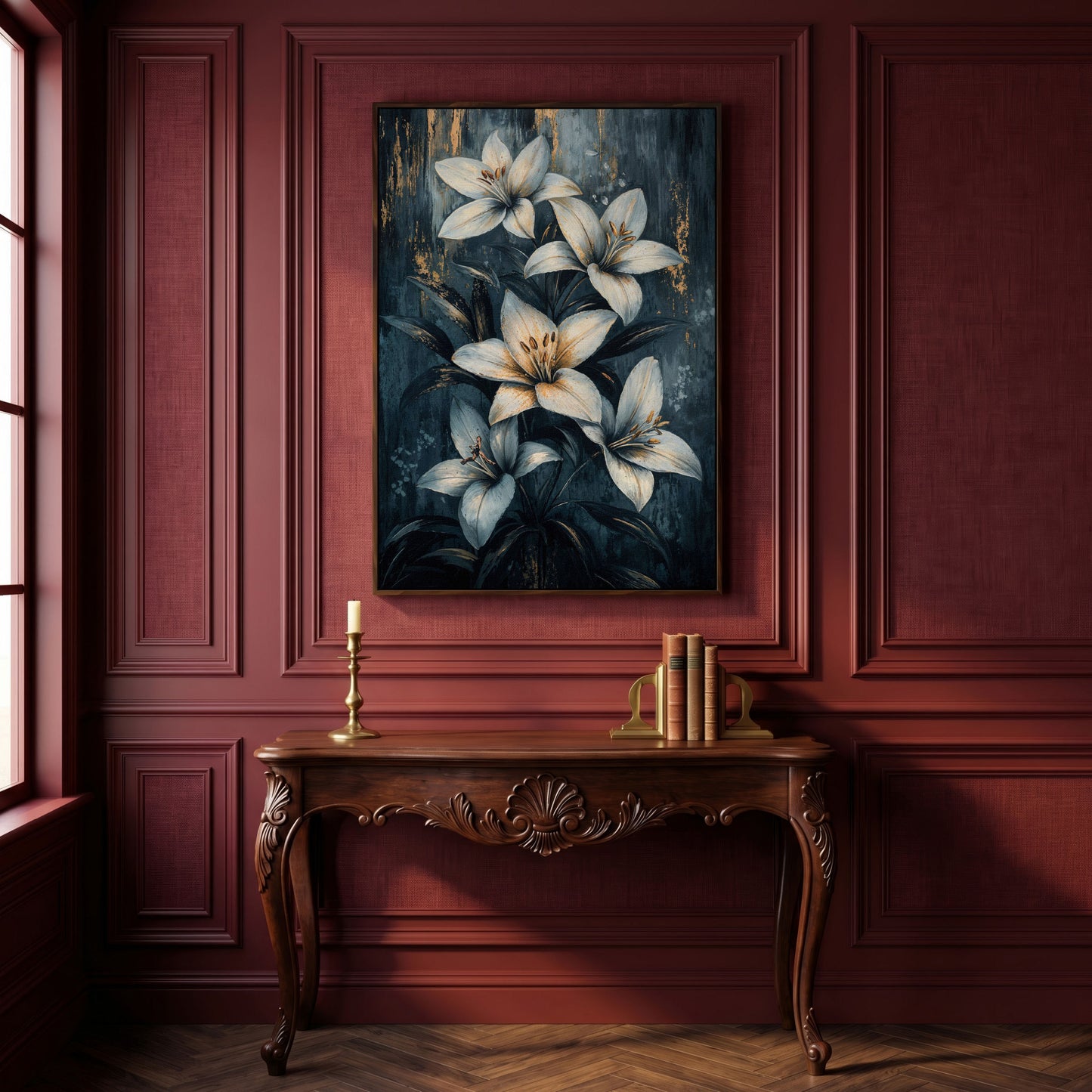 Modern Lily Canvas Art with Resting Figure in dark walnut floating frame