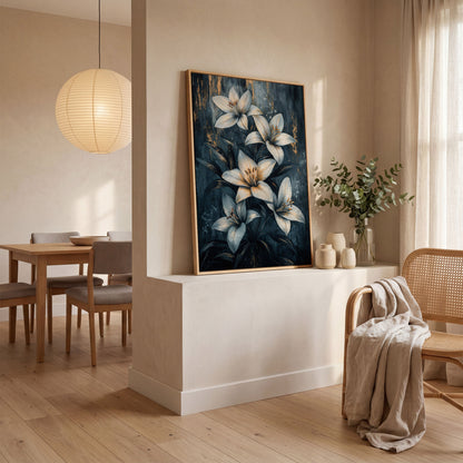Modern Lily Canvas Art with Resting Figure in white oak floating frame