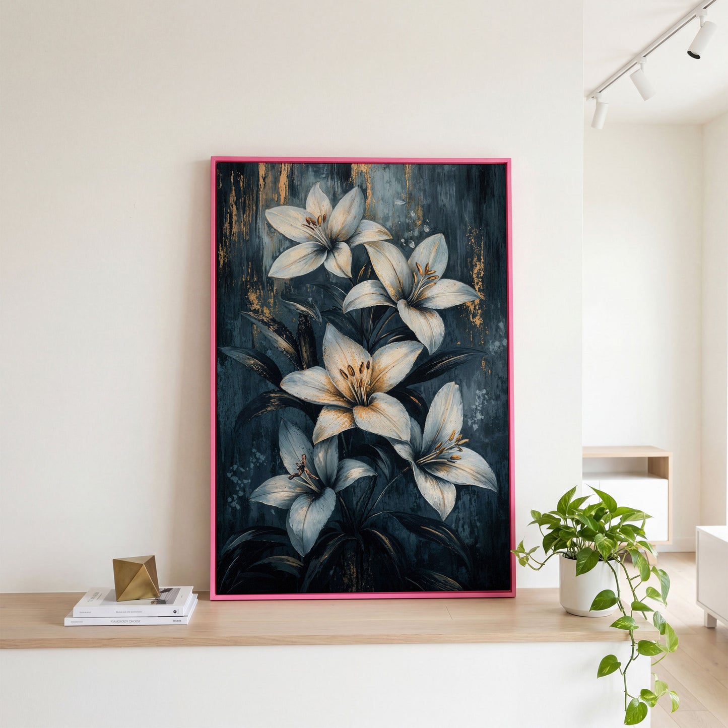 Modern Lily Canvas Art with Resting Figure in pink floating frame