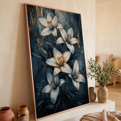 Modern Lily Canvas Art with Resting Figure in rose gold floating frame