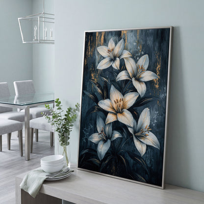 Modern Lily Canvas Art with Resting Figure in silver floating frame
