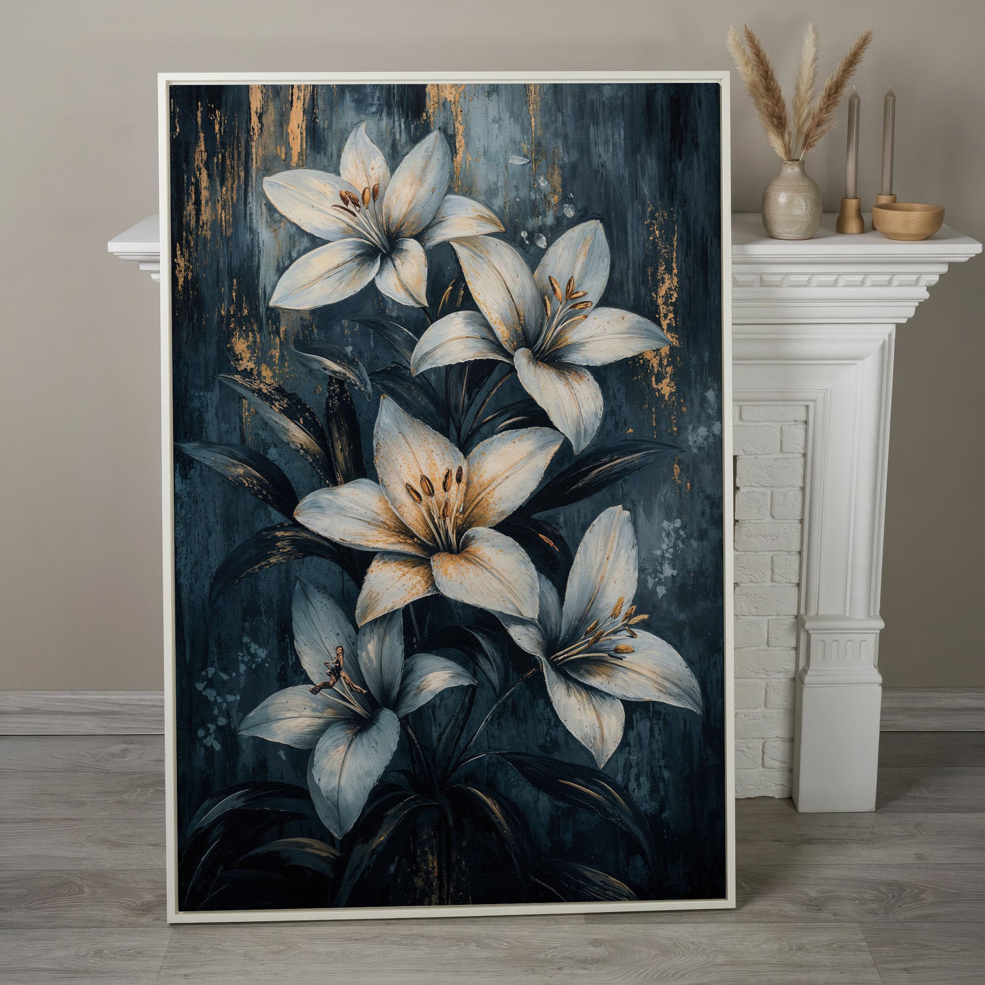 Modern Lily Canvas Art with Resting Figure in white floating frame