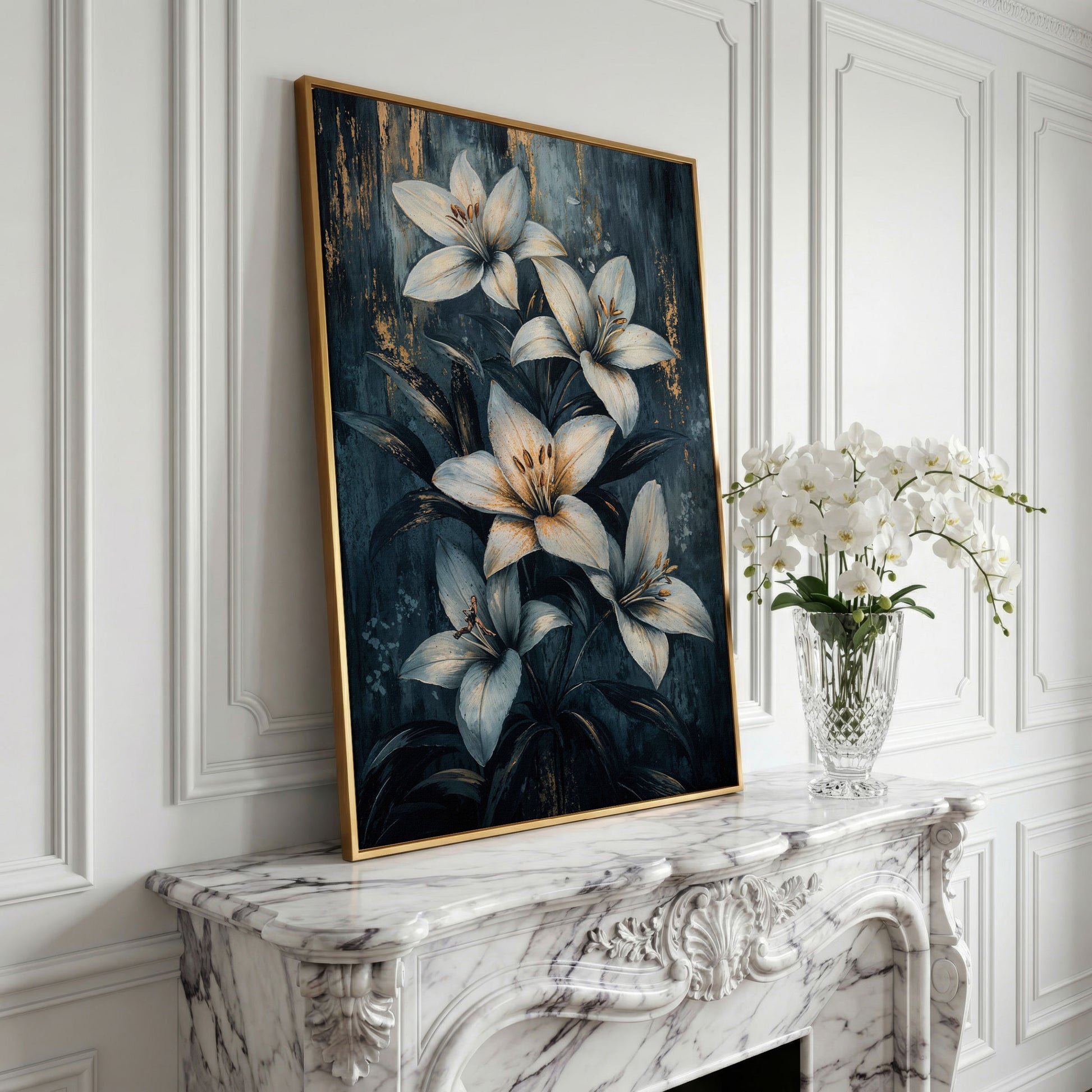 Modern Lily Canvas Art with Resting Figure in yellow gold floating frame