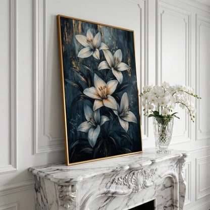 Modern Lily Canvas Art with Resting Figure in yellow gold floating frame