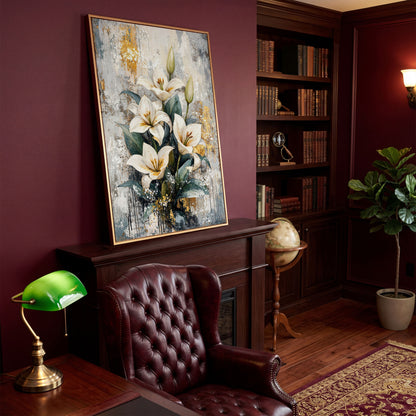 White Lily Bouquet Canvas Print with Teal & Gold in antique gold floating frame