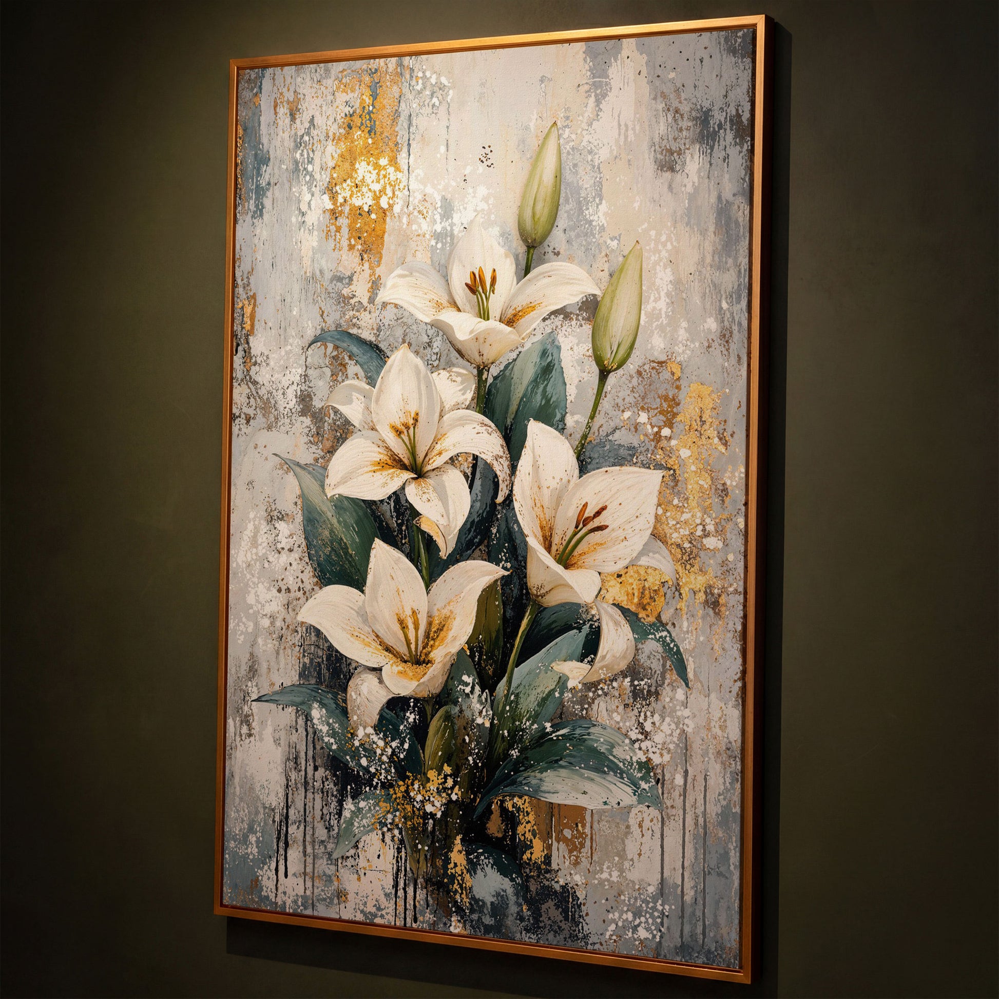 White Lily Bouquet Canvas Print with Teal & Gold shown in antique gold floating frame