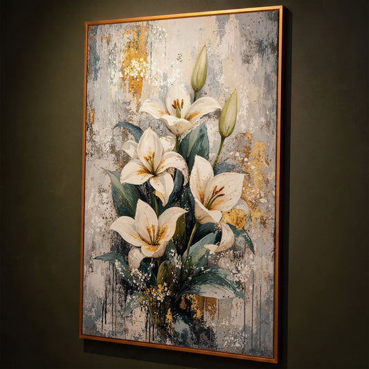White Lily Bouquet Canvas Print with Teal & Gold shown in antique gold floating frame