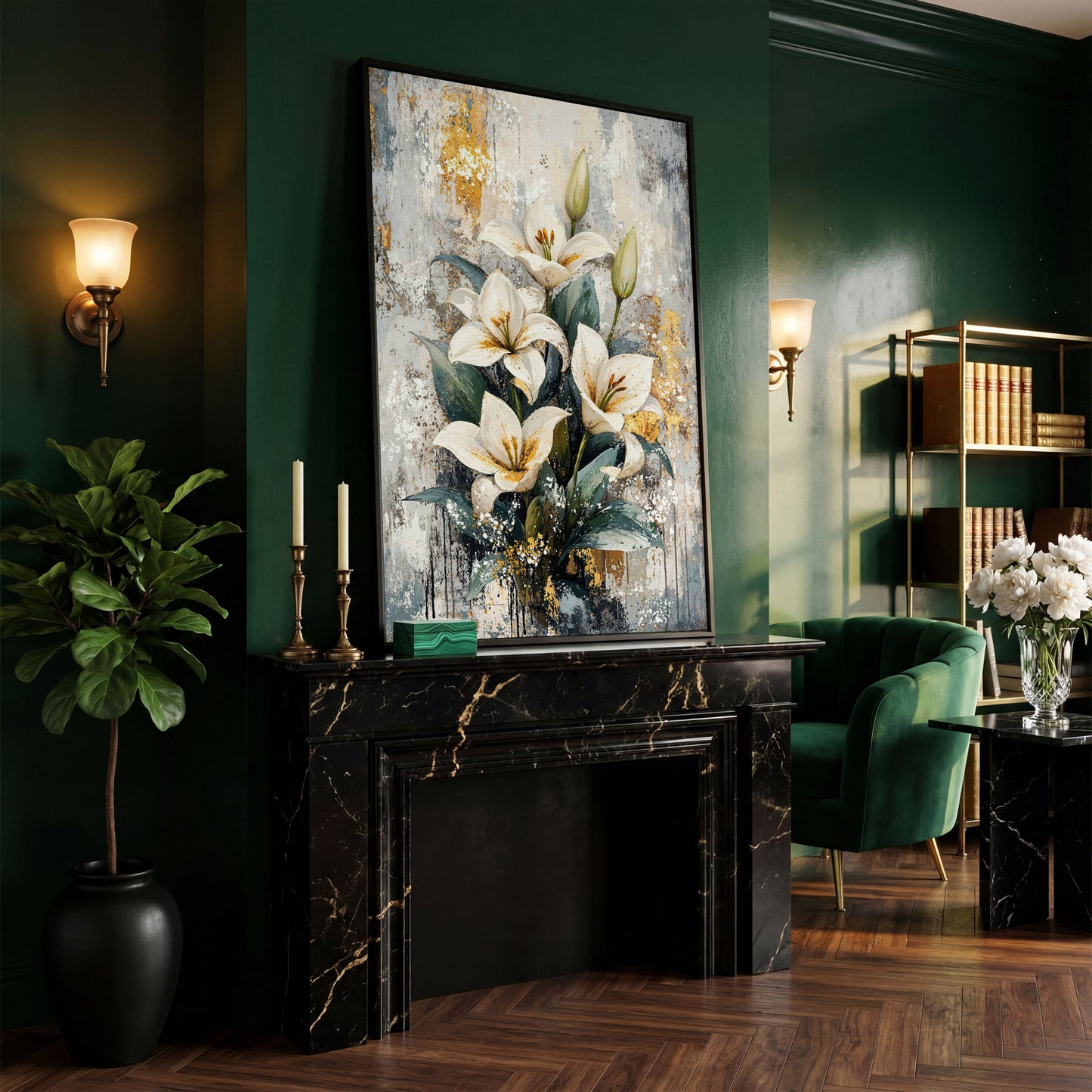 White Lily Bouquet Canvas Print with Teal & Gold in black floating frame