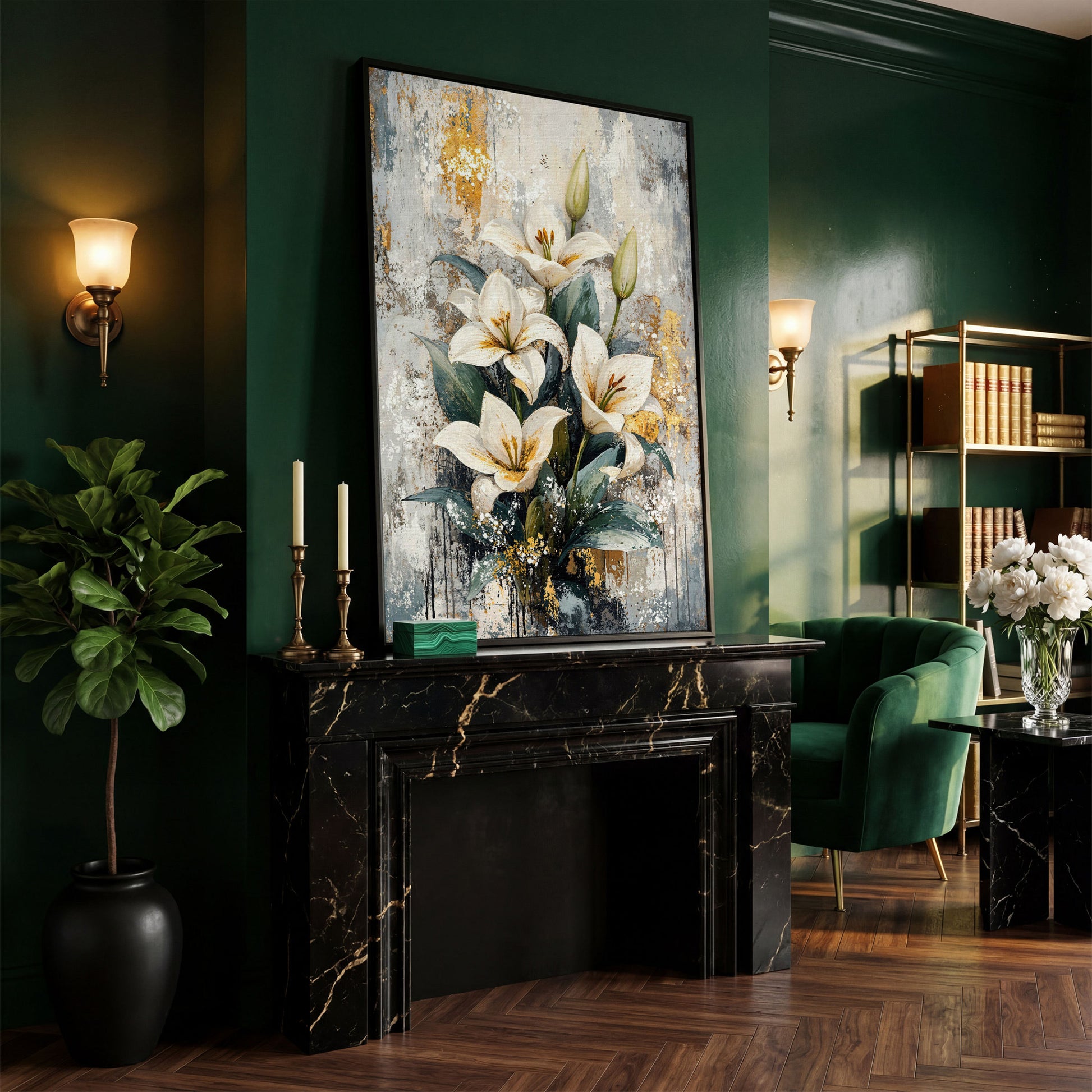 White Lily Bouquet Canvas Print with Teal & Gold in black floating frame