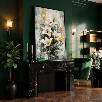 White Lily Bouquet Canvas Print with Teal & Gold in black floating frame