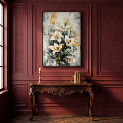 White Lily Bouquet Canvas Print with Teal & Gold in dark walnut floating frame