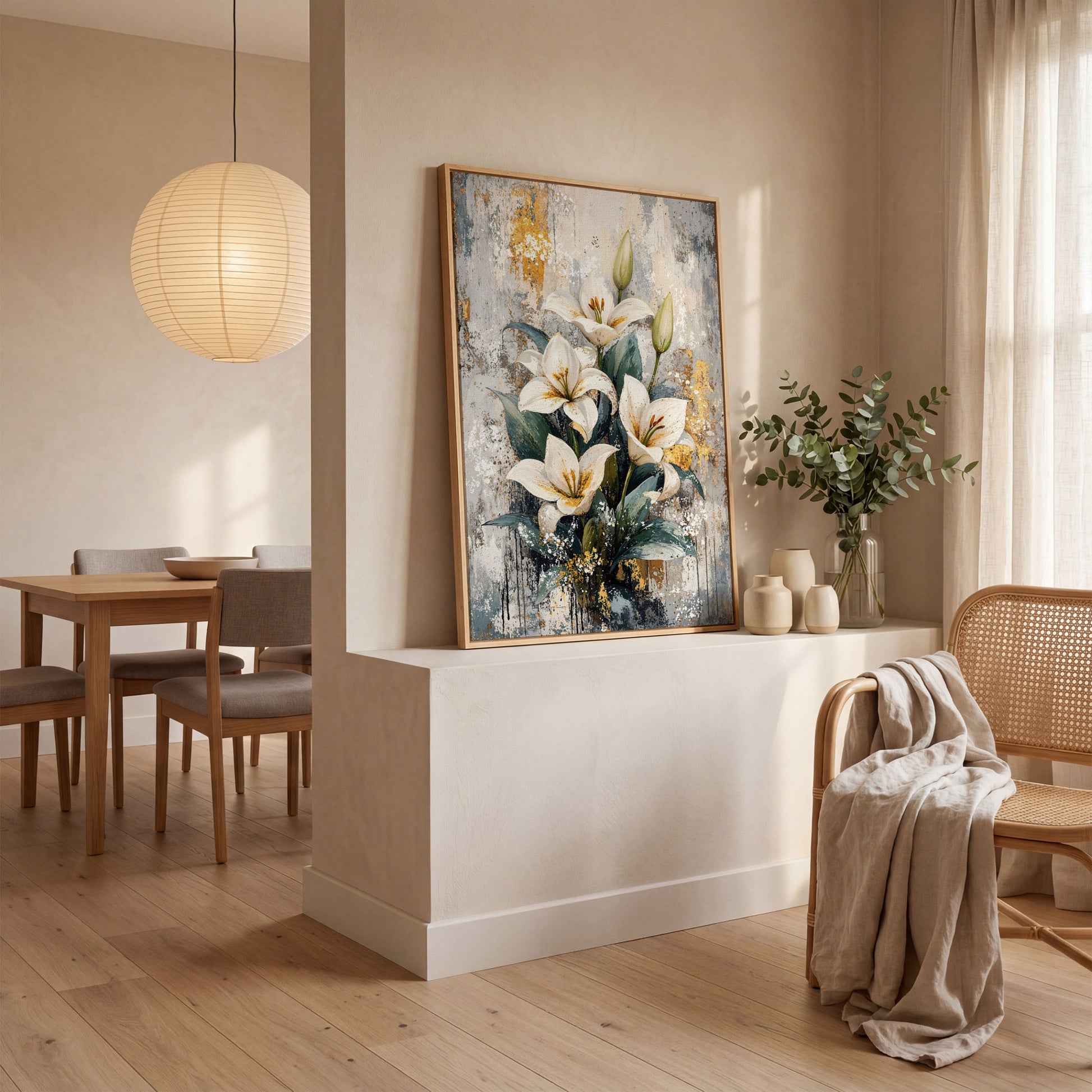 White Lily Bouquet Canvas Print with Teal & Gold in white oak floating frame