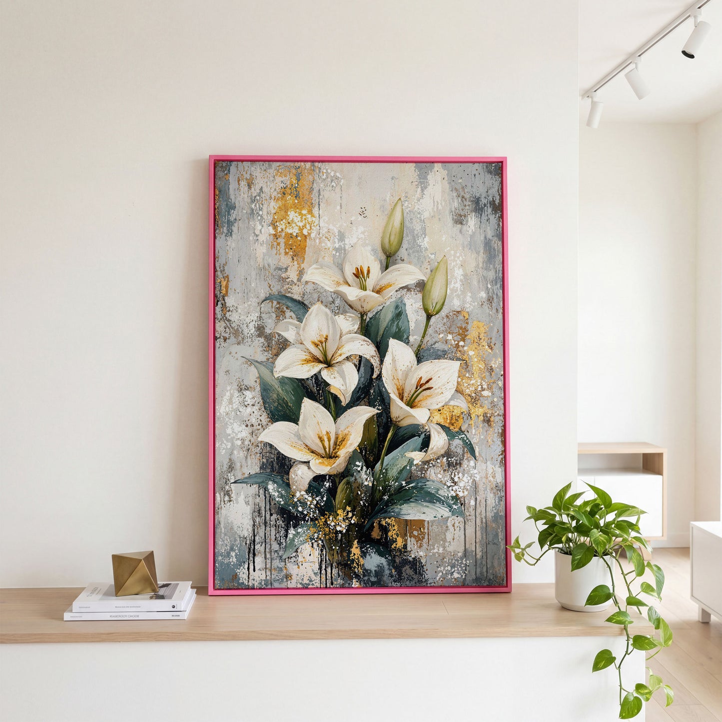 White Lily Bouquet Canvas Print with Teal & Gold in pink floating frame