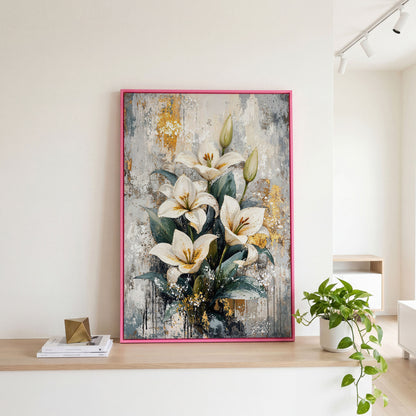 White Lily Bouquet Canvas Print with Teal & Gold in pink floating frame