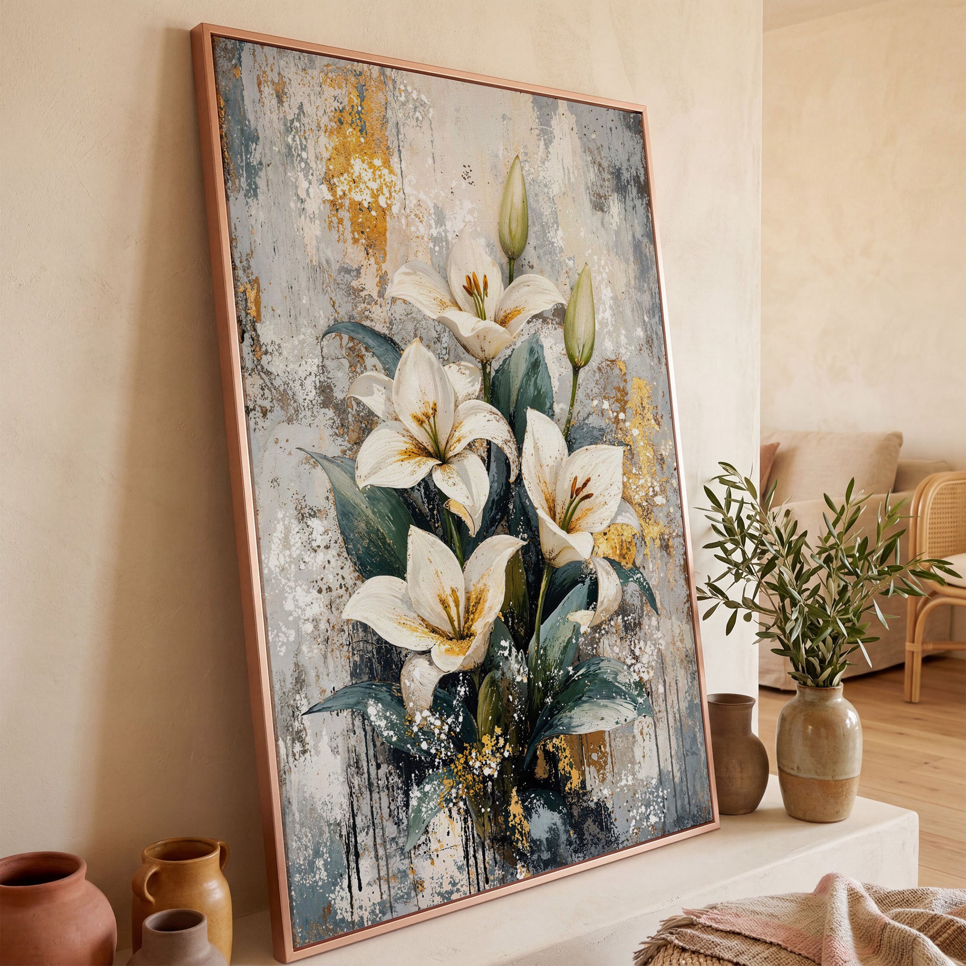 White Lily Bouquet Canvas Print with Teal & Gold in rose gold floating frame