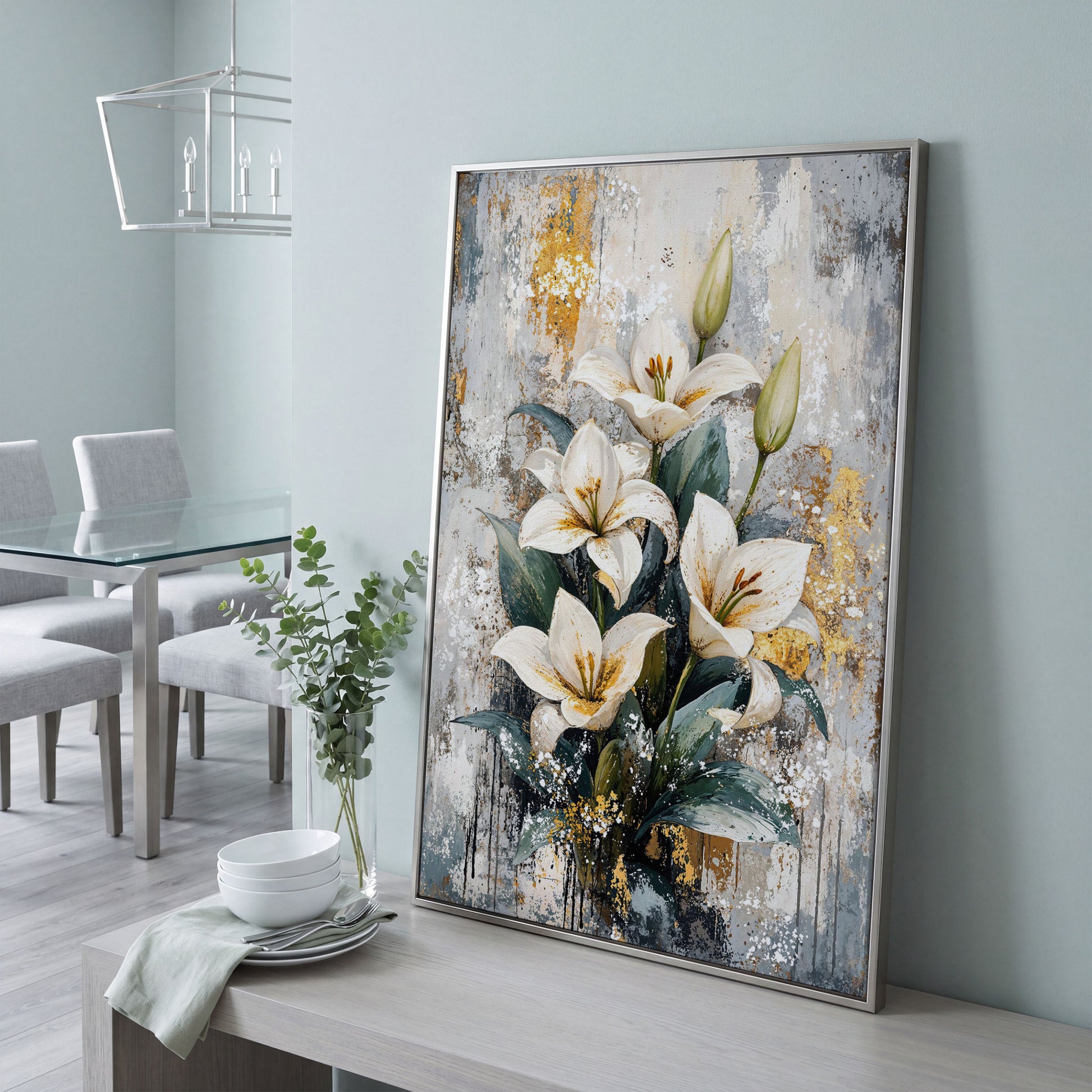 White Lily Bouquet Canvas Print with Teal & Gold in silver floating frame