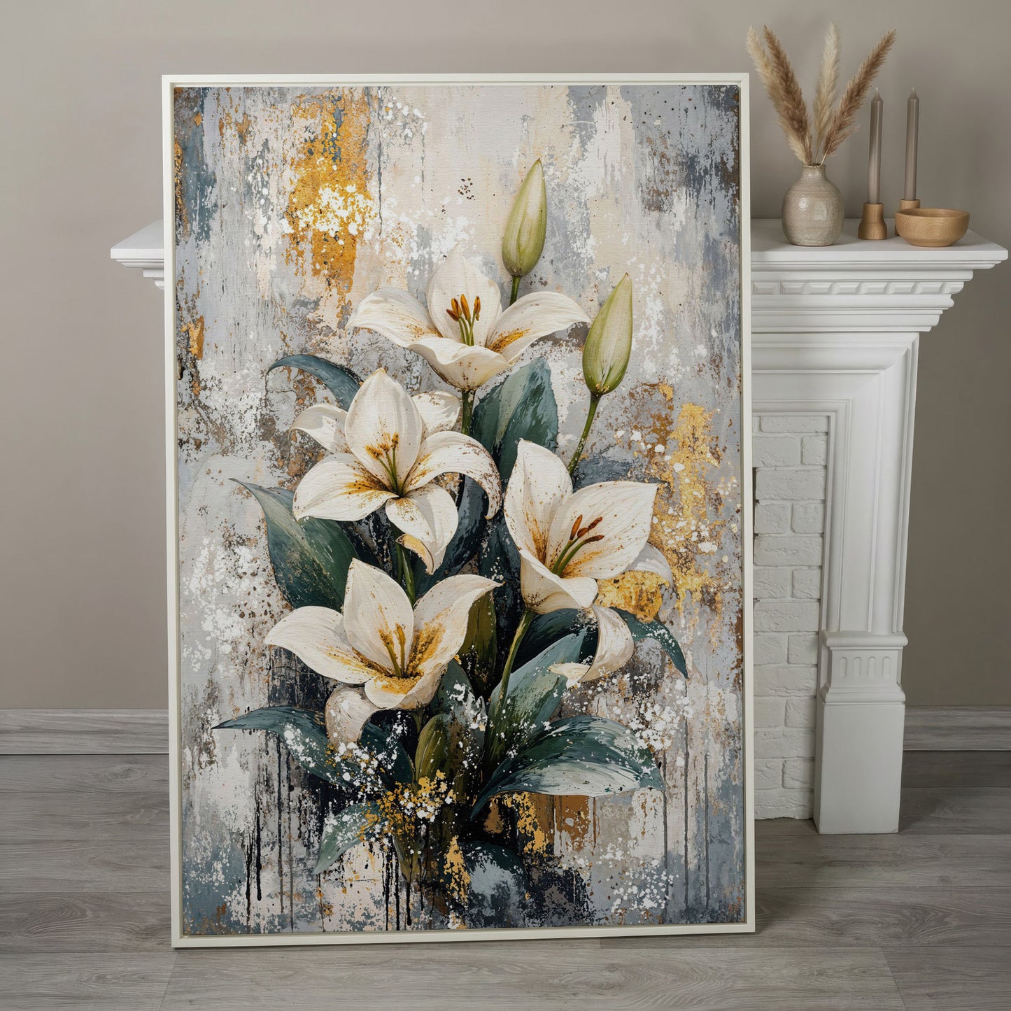 White Lily Bouquet Canvas Print with Teal & Gold in white floating frame