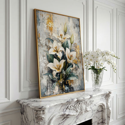 White Lily Bouquet Canvas Print with Teal & Gold in yellow gold floating frame