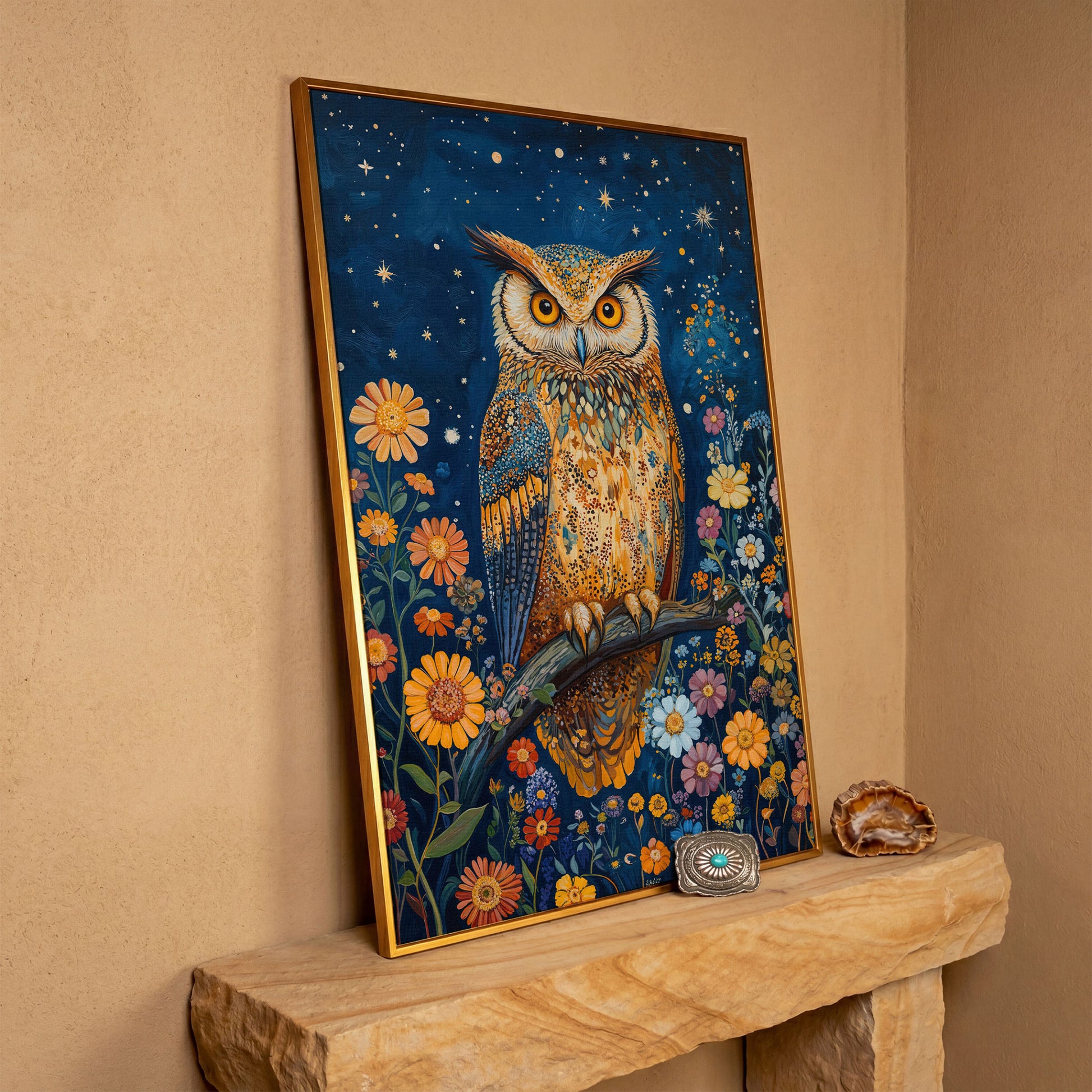 Whimsical Owl on Starry Night Canvas in antique gold floating frame
